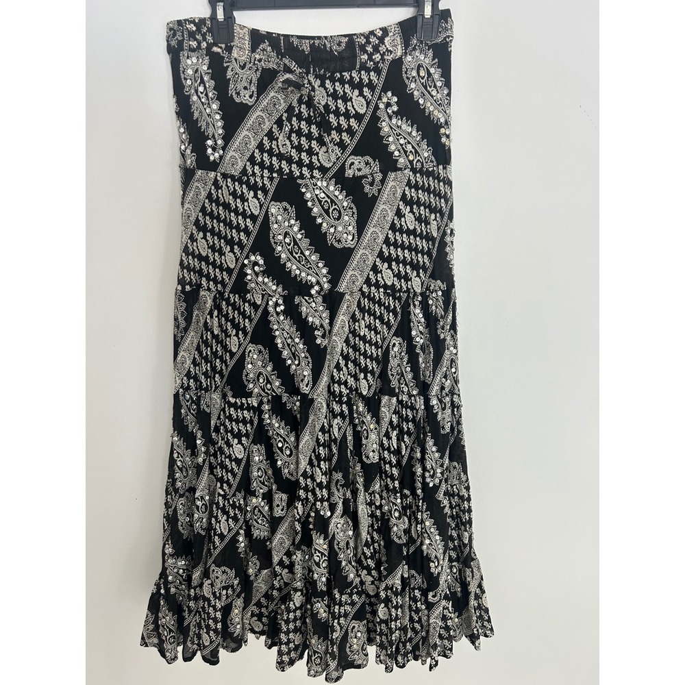 Silvestream Black Paisley Cotton Tiered Maxi Skirt Sequin Boho One Size India